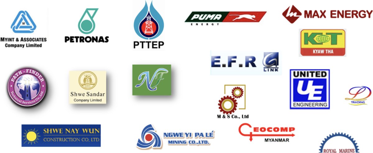Client organisations including Myint and Associates, Petronas, PTTEP, Puma Energy, Max Energy, Kyaw Tha, EFR, G-Link, Path-Finder Technical Services, Shwe Sandar, NF, M and S, United Engineering, LP Trading, Shwe Nay Wun Construction, Ngwe Yi Pa Le Mining, Geocomp Myanmar and Royal Marine