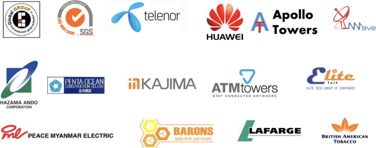 Client organisations including Global Group, SGS, Telenor, Huawei, Apollo Towers, MWave, Hazama Ando, Penta-Ocean Construction, Kajima, ATM Towers, Elite Tech, Peace Myanmar Electric, Barons Tele-Link Services, Lafarge and British American Tobacco