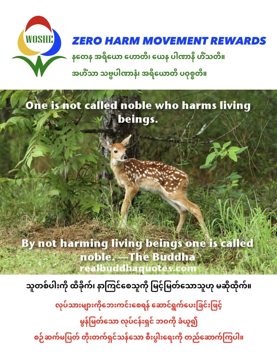 Zero Harm Movement Rewards poster. A Dhammapada verse reading:
                  one is not called noble who harms living beings, by not harming
                  living beings one is called noble.
